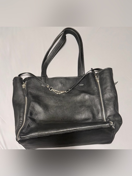 Handbags - Black Faux Leather Tote Bag with Silver Hardware